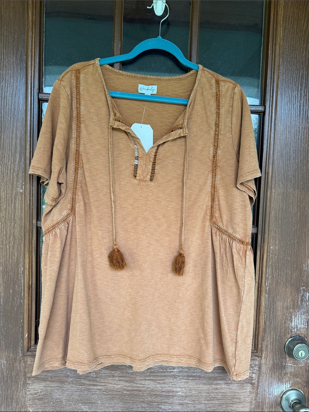 Waverly Tan Tassel-Hem Peasant Tunic Top